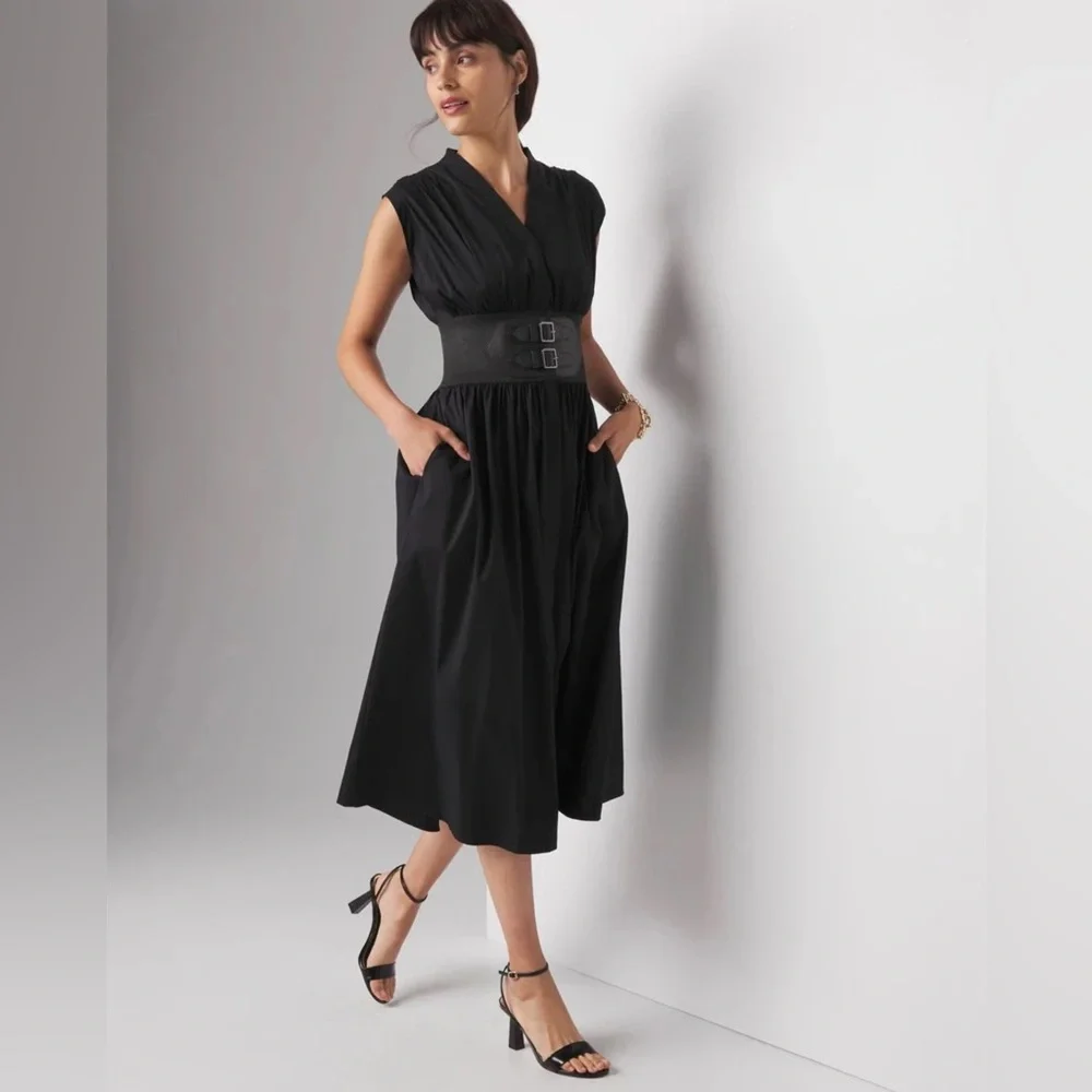 White House Black Market Belted Black Midi Dress - Picture 1 of 2